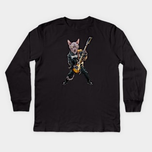 Cat Rock Sphynx Funny Electric Guitar Punk Rocker Gift For Cat Mum Mom Dad Heavy Metal Kitten Cats Lover Kids Long Sleeve T-Shirt